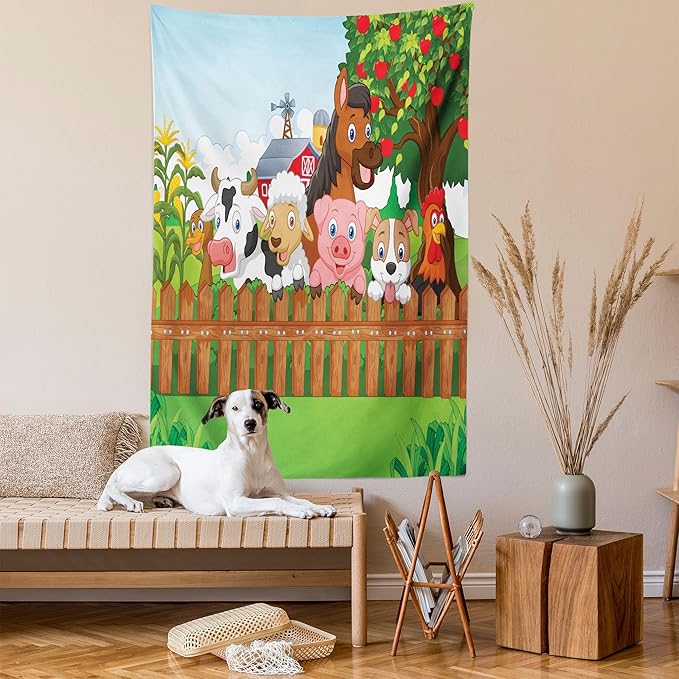 Ambesonne Cartoon Tapestry, Composition Farm Animals on Fence Comic Mascots Dog Cow Horse Design, Fabric Wall Hanging Decor for Bedroom Living Room Dorm, 23" X 28", Green Multicolor