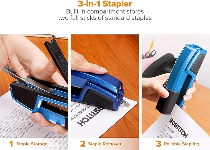 Bostitch Office Epic Metal 3 in 1 Stapler, 25 Sheet Capacity, Includes 210 Staples in Staple Storage Compartment & Integrated Remover,
