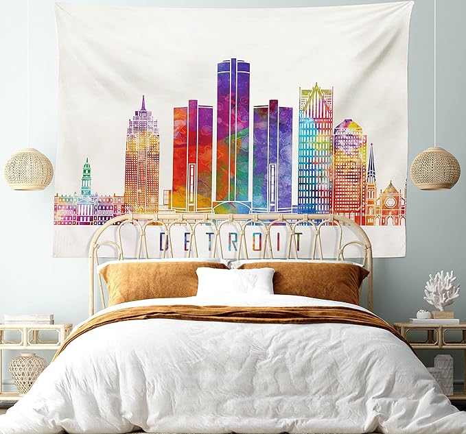 Ambesonne Detroit Tapestry King Size, Vibrant Colored Abstract Skyscrapers Modern Architecture Watercolor Style Landmarks, Wall Hanging Bedspread Bed Cover Wall Decor, 104" X 88", Ivory