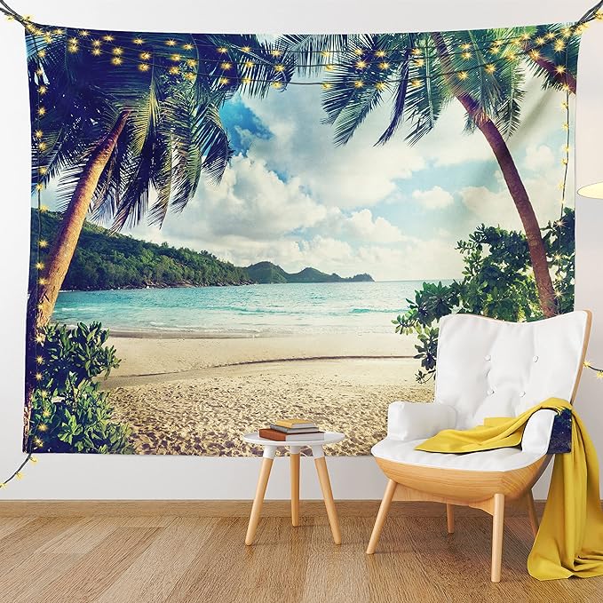 Ambesonne Palm Tree Tapestry, Summer Beach Vintage Style Tropical Sunset Picture Print, Fabric Wall Hanging Decor for Bedroom Living Room Dorm, 30" X 45", Dark Green Sand Brown