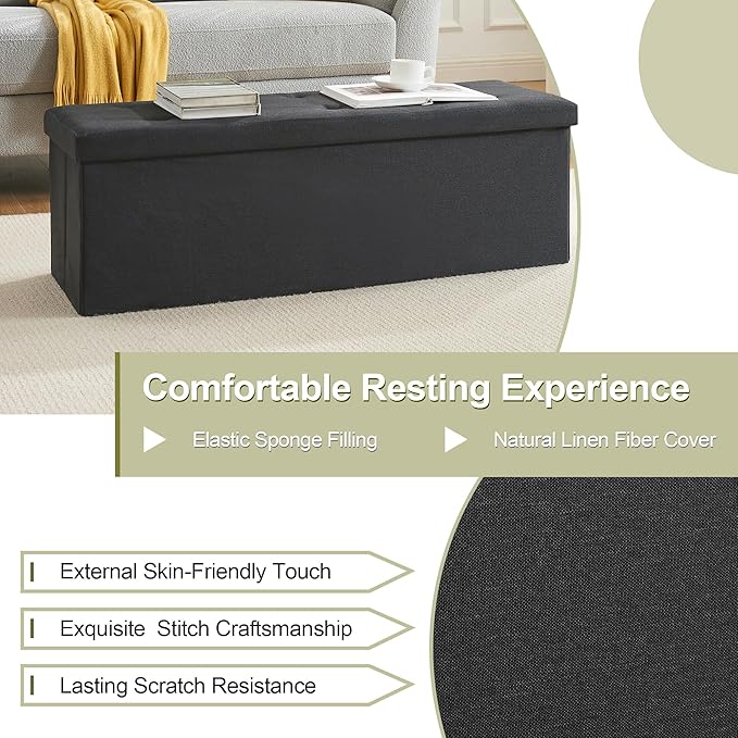 VECELO 43'' Folding Storage Ottoman Bench, Storage Chest, Linen Fabric Foot Rest Stool, 158L Storage Footstools for Bedroom and Living Room, Holds up to 660 lbs, DBlack