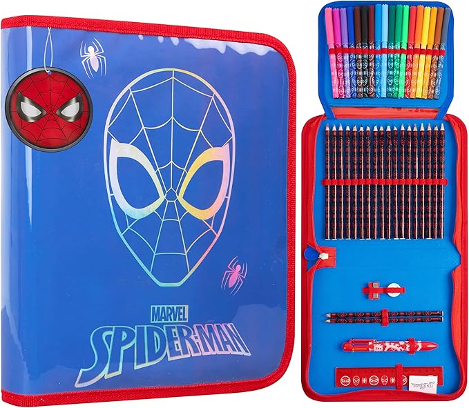 Marvel Spiderman Pencil Case with Colored Pencils Markers School Supplies Set Pen Holder Stationery Art Kit Gifts for Boys (Blue)