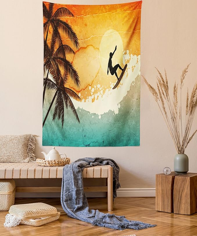 Ambesonne Grunge Tapestry Twin Size, Illustration of Tropical Island Surfer on Sea Waves and Palms at Sunset, Wall Hanging Bedspread Bed Cover Wall Decor, 68" X 88", Orange Turquoise Black