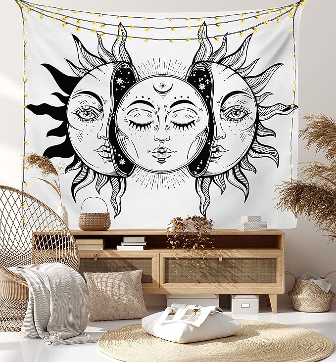 Ambesonne Moon Tapestry Twin Size, Monochrome Sun and Moon Pattern Oriental Image Culture Inspired Design Print, Wall Hanging Bedspread Bed Cover Wall Decor, 68" X 88", White Black