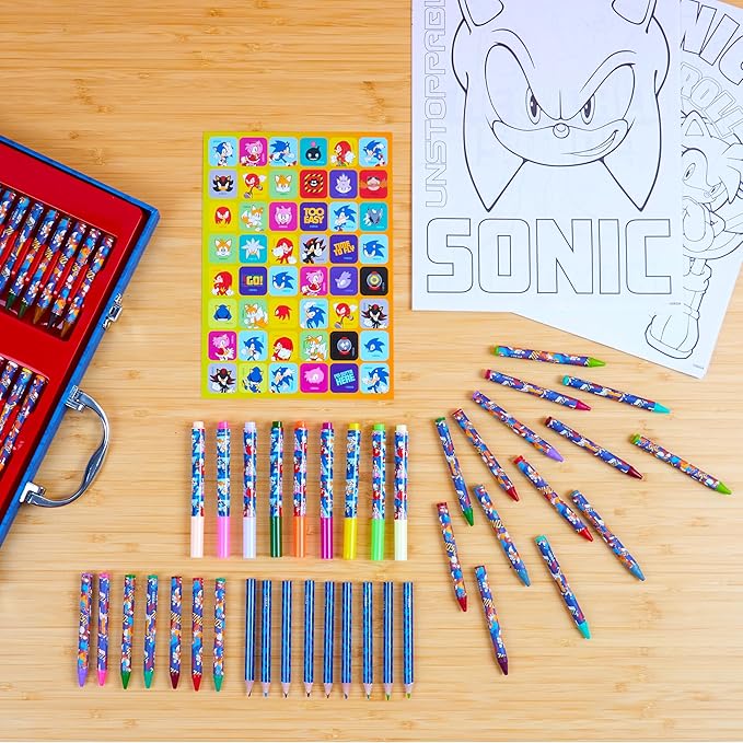 Sonic The Hedgehog Colored Pencils Art Supplies 130+ pcs Drawing Kit School Supplies Girls Drawing Pencils Art Kit Travel Case with Crayons Arts and Crafts for Kids 4-12