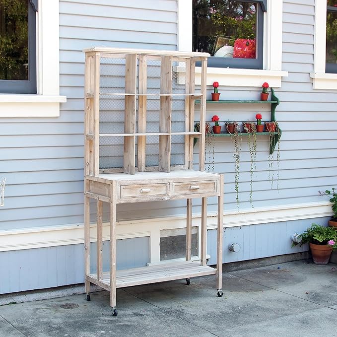 Alpine Corporation 67" Tall Indoor/Outdoor Rustic Wooden Potting Hutch with Shelves and Drawers