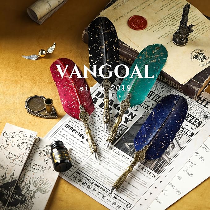 VANGOAL Vintage Carving Feather Pen Set, Glittering Quill Set Antique Calligraphy Writing Dip with Ink, 2 Replacement Nibs, Stand Base, Luxury Signature (Blue)