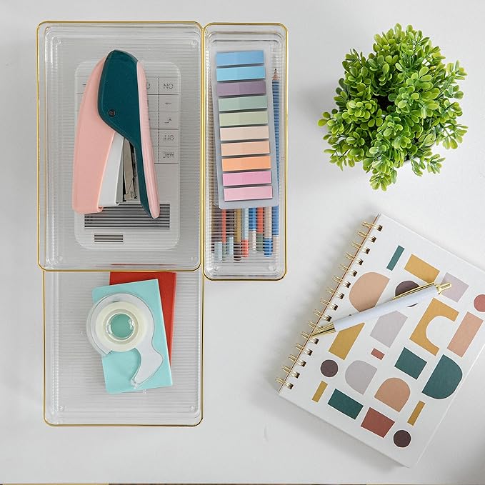 Martha Stewart Kerry Plastic Stackable Office Desk Drawer Organizers, Set of 5, with Gold Trim
