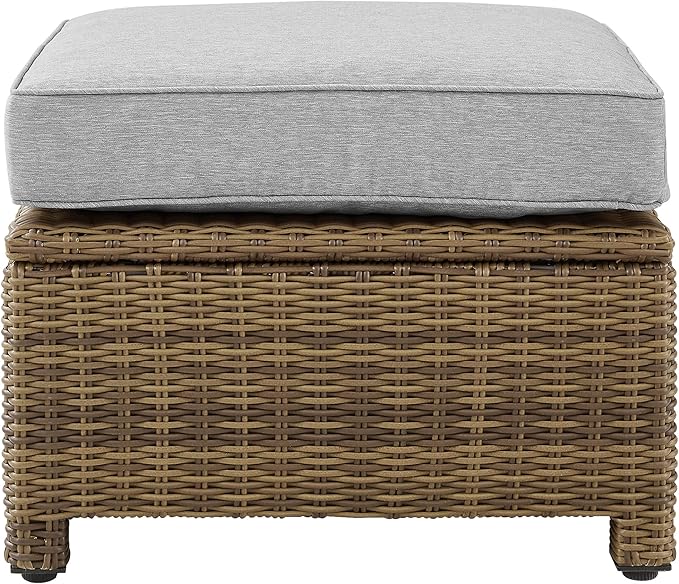 Crosley Furniture Bradenton Wicker Outdoor Ottoman Foot Rest for Patio, Deck, Porch, Brown with Gray Cushions