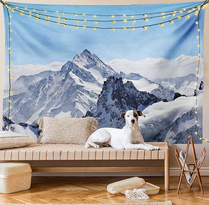 Ambesonne Winter Tapestry, Snowy Rocky Mountain Peaks Tops Scene High Lands ICY Frozen Swiss Outdoor Art, Fabric Wall Hanging Decor for Bedroom Living Room Dorm, 28" X 23", Blue and White