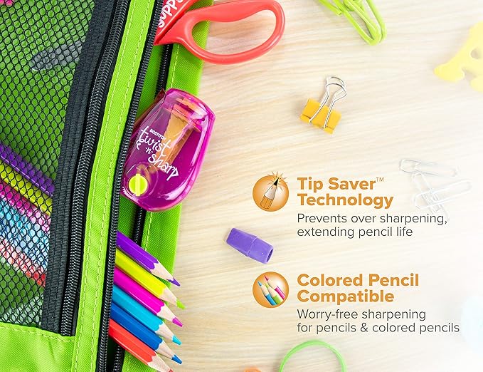 Bostitch Office Twist-n-Sharp Pencil Sharpener, for Kids & Colored Pencils, Assorted Colors (PS1-PINK-EC)