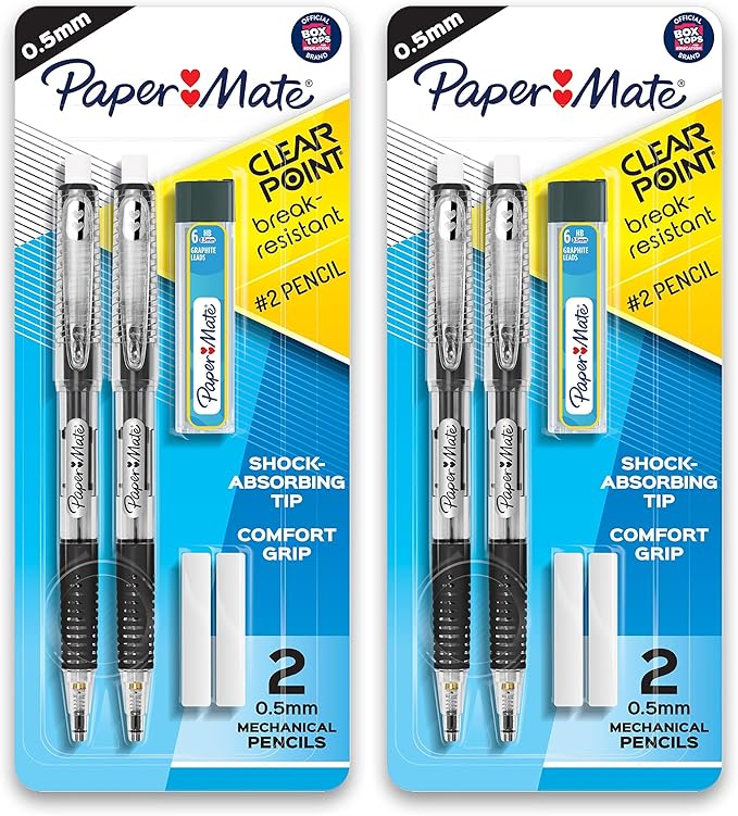 Paper Mate Clearpoint Mechanical_Pencils 0.5mm, Break Resistant HB #2 Lead, School_Supplies, Art_Supplies,Drawing_Supplies,Sketching_Pencils, 2 Pencils, Black, 1 Lead Refill Set, 2 Erasers (Pack of 2)
