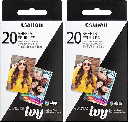 Canon Photo Paper, 2" x 3", 20 Sheets | ZINK Technology | Sticker Paper | Pack of 2