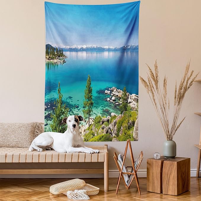 Ambesonne Blue Tapestry Twin Size, Tranquil View of Lake Tahoe Sierra Pines on Rocks with Turquoise Waters Shoreline, Wall Hanging Bedspread Bed Cover Wall Decor, 68" X 88", Blue Grey Green