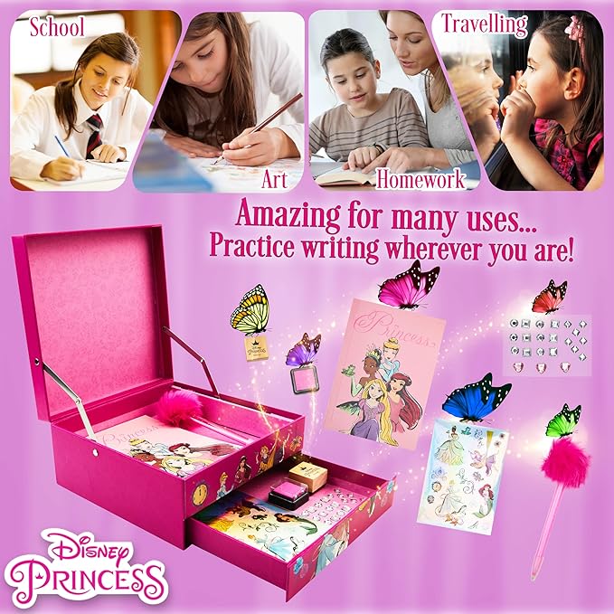 Disney Stitch Notebook Stationery Set Kids Diary DIY Journal Kit and Craft Supplies (Pink Princesses)
