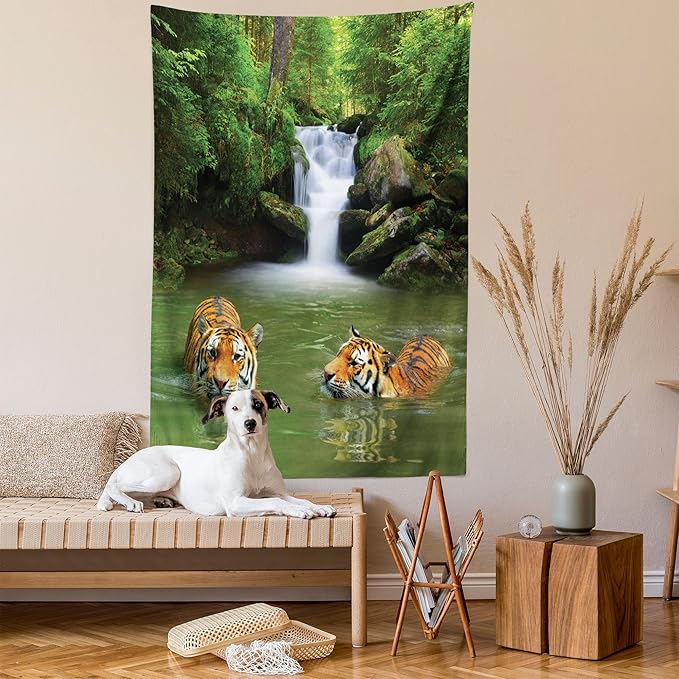 Ambesonne Savannah Tapestry Queen Size, Siberian Tigers in Water Waterfall Pool Woodland Swimming Natural, Wall Hanging Bedspread Bed Cover Wall Decor, 88" X 88", Reseda Green Orange