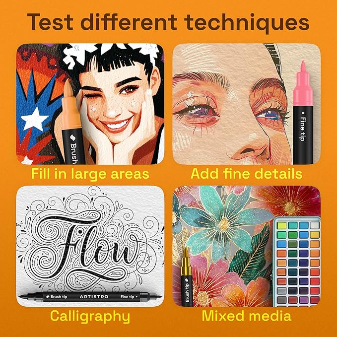 ARTISTRO 36 Acrylic Paint Markers - Paint Pens for Calligraphy, Brush + Fine Tips - For Fabric, Rock, Glass, Wood, DIY, Craft, Canvas - Art and Craft Supplies for Adults, Teens, Kids
