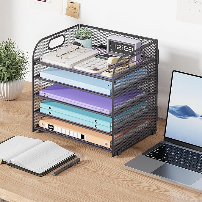 5 Tier Paper Organizer with Handle, Grey Metal Mesh Desk Organizer File Folder Paper Letter Tray Desktop Document Sorter for Classroom, School, Office Accessories Organization and Storage