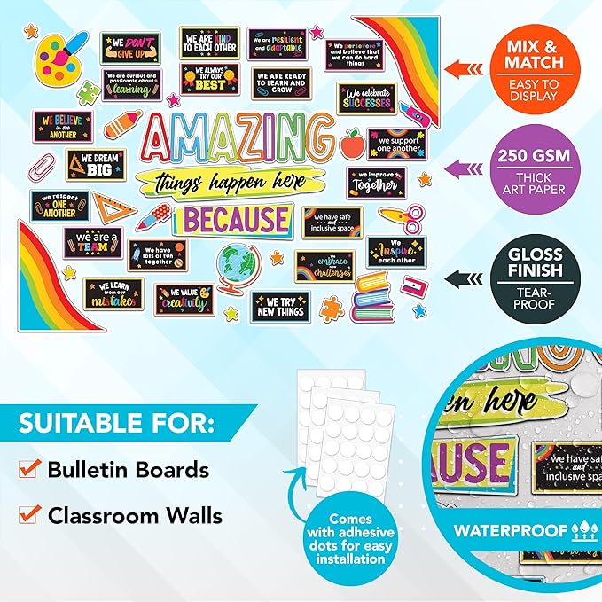 Decorably 49 Pcs Cutouts Chalkboard Vibrant Theme Amazing Things Happen Here Bulletin Board Decorations Set with Borders, Bulletin Board Motivational Decorations - Classrooms, School Hallways