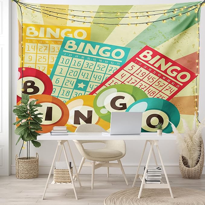 Ambesonne Vintage Tapestry, Bingo Game with Ball and Cards Pop Art Lottery Hobby Celebration Theme, Fabric Wall Hanging Decor for Bedroom Living Room Dorm, 28" X 23", Teal Multicolor