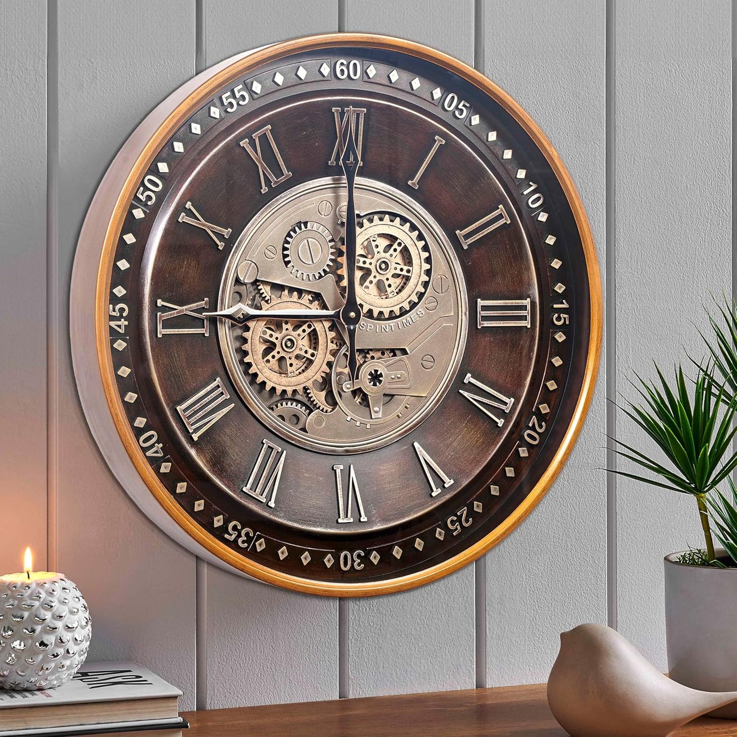 CLXEAST 24 Inch Wall Clock with Moving Gears,Oversized Large Industrial Steampunk Clock, Antique Gold Metal Roman Numeral Wall Clocks for Farmhouse Living Room Decor