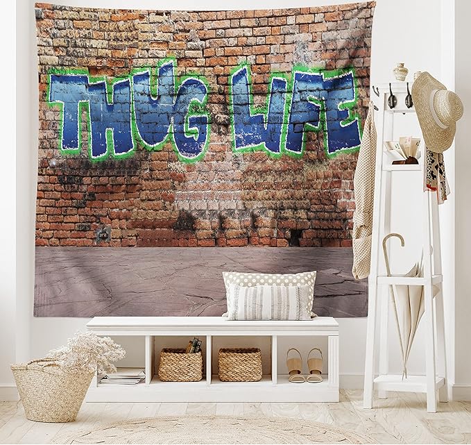 Ambesonne Thug Life Tapestry, Graffiti Style Words on a Brick Wall Street Urban Art Hip Hop Rap Culture Theme, Fabric Wall Hanging Decor for Bedroom Living Room Dorm, 45" X 30", Brown Blue