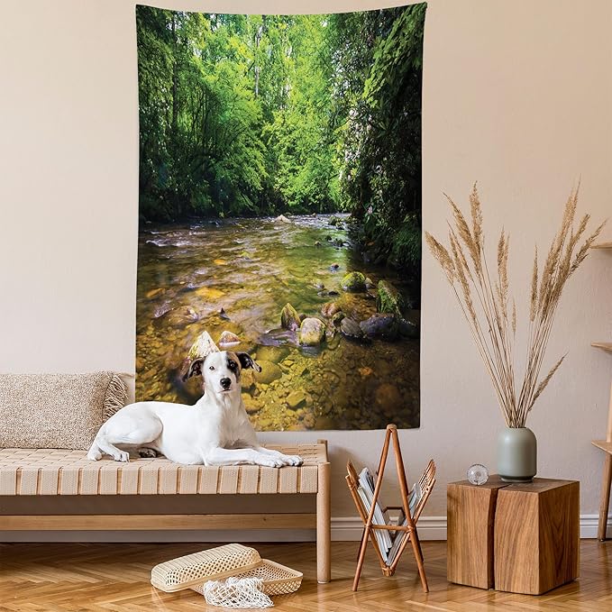 Ambesonne Appalachian Tapestry Twin Size, Oconaluftee River at Smoky Mountains National Park, Wall Hanging Bedspread Bed Cover Wall Decor, Twin Size, Lime Green Charcoal Grey