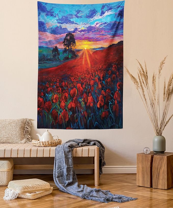Ambesonne Country Tapestry, Clouds at Sunset Paint Scenery of Poppy Flower Garden on Valley with Horizon, Fabric Wall Hanging Decor for Bedroom Living Room Dorm, 30" X 45", Burgundy Deep Sky Blue
