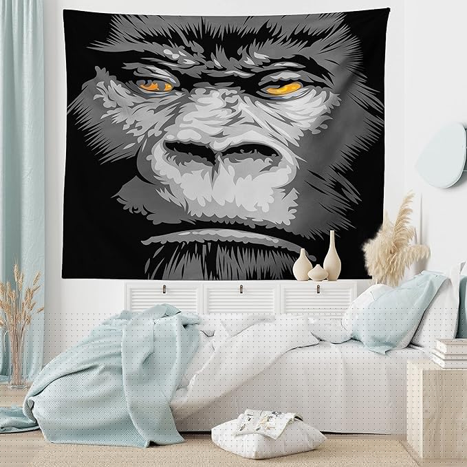 Ambesonne Modern Tapestry, Close up Gorilla Portrait with Orange Eyes Zoo Jungle Animal Wild Money Graphic, Wide Wall Hanging for Bedroom Living Room Dorm, 80" X 60", Grey Marigold