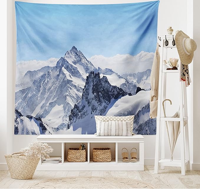 Ambesonne Winter Tapestry, Snowy Rocky Mountain Peaks Tops Scene High Lands ICY Frozen Swiss Outdoor Art, Fabric Wall Hanging Decor for Bedroom Living Room Dorm, 28" X 23", Blue and White