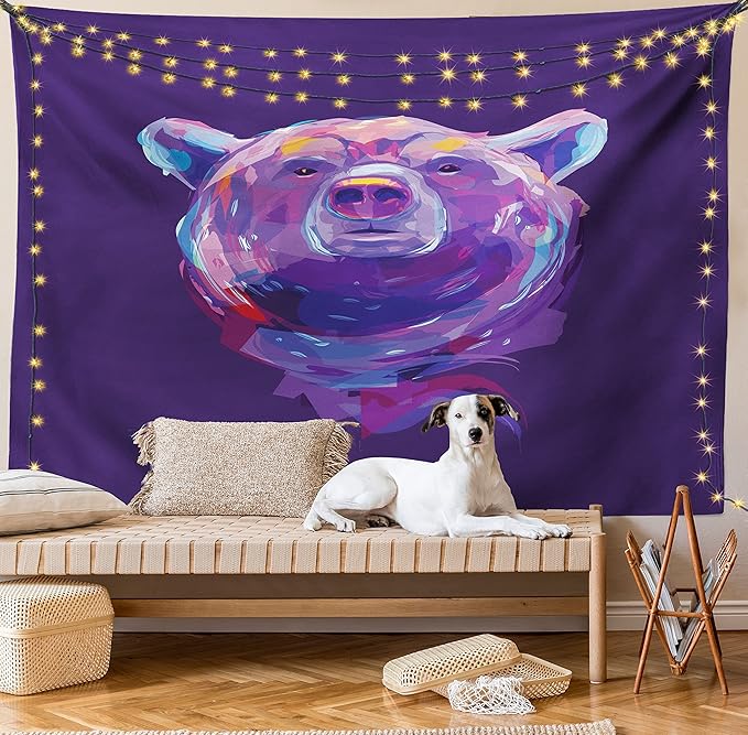 Ambesonne Bear Tapestry, Abstract Portrait with Digital Brushstrokes Wildlife Mascot Display, Wall Hanging for Bedroom Living Room Dorm Decor, 60" X 80", Purple Pink Sky Blue
