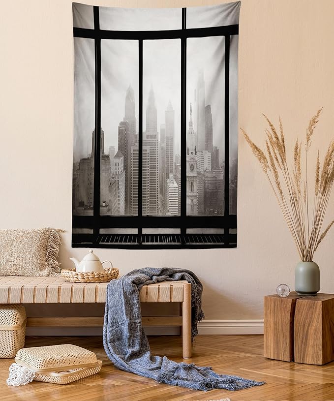 Ambesonne City Tapestry, Philadelphia City Rooftop View Through Window Skyline Landmark Rooftop Travel, Wall Hanging for Bedroom Living Room Dorm Decor, 40" X 60", Grey Black
