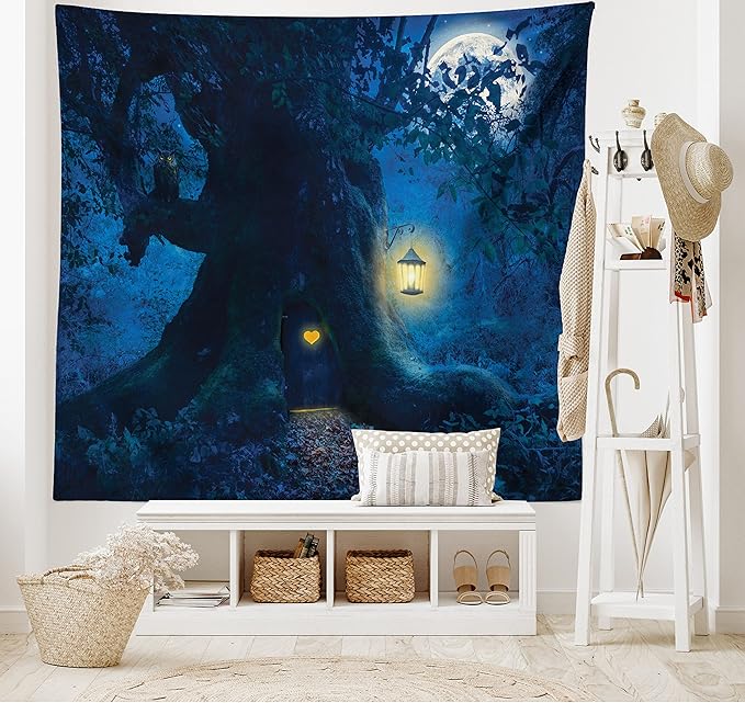 Ambesonne Fantasy Tapestry, Night with a Little Home in The Trunk of an Tree in The Woods Print, Fabric Wall Hanging Decor for Bedroom Living Room Dorm, 23" X 28", Navy Blue