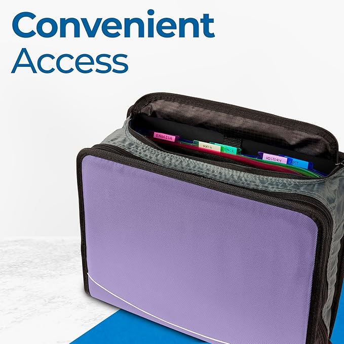 Case-it Mighty Zip Tab School Zipper Binder | 3-Inch O-Rings, 600-Sheet Capacity, 5-Subject Expanding File Folder, Multiple Pockets & Storage Organizer, Shoulder Strap | D-146 Lavender