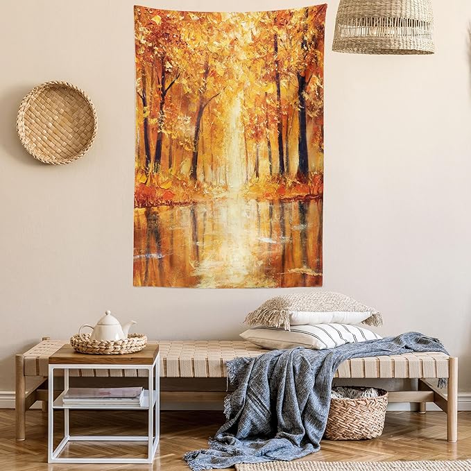 Ambesonne Country Tapestry, Painting of a Forest by the Small Lake in Autumn Pale Fall Trees and Leaves Art, Fabric Wall Hanging Decor for Bedroom Living Room Dorm, 30" X 45", Orange Brown