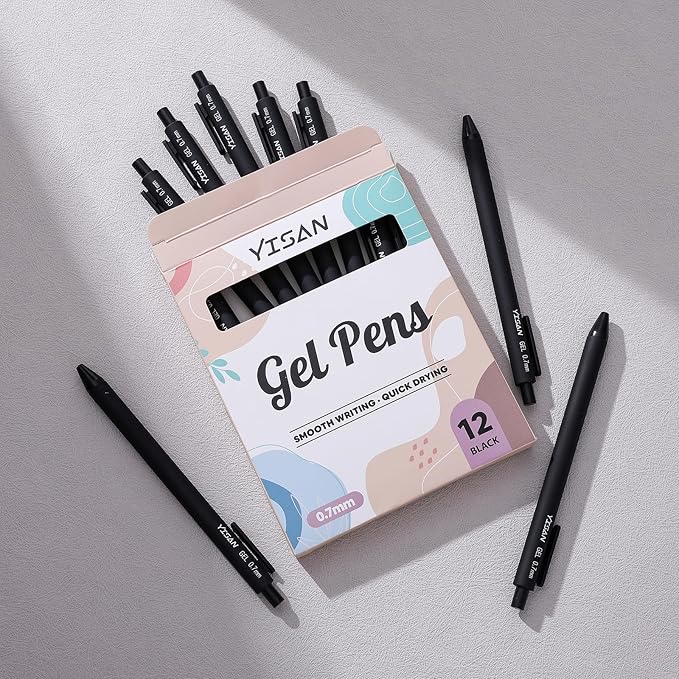 YISAN Black Gel Pens 12 Pack,Black Ink Pens Bullet Tip 0.7 mm,Journal Pens Fast Dry,Retractable,Smooth Writing for Journaling and Note Taking,71051