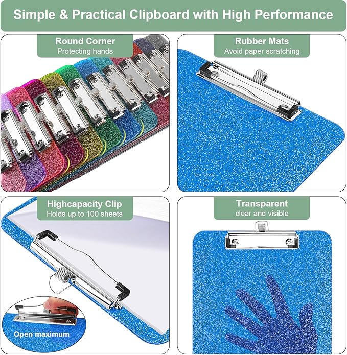 SFLHHDM Clear Glitter Clipboards, Plastic Clipboard with Pen Holder, Clip Boards 8.5x11 with Low Profile Clip, Cute Hanging Clip Board for Office School Supplies Sparkly Clipboard (Royal Blue)