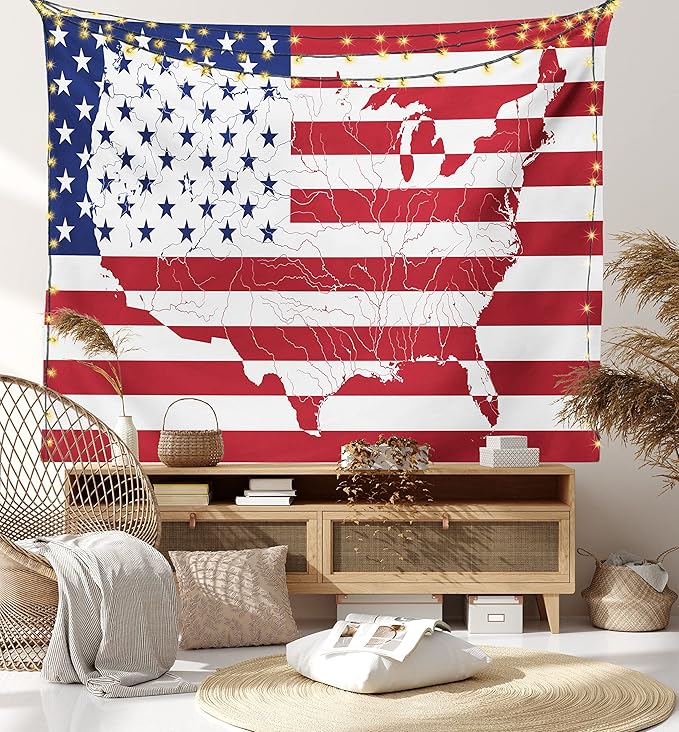 Ambesonne American Flag Tapestry, America Continent Shaped Flag Martial Design International World Glory Print, Fabric Wall Hanging Decor for Bedroom Living Room Dorm, 45" X 30", Indigo Red