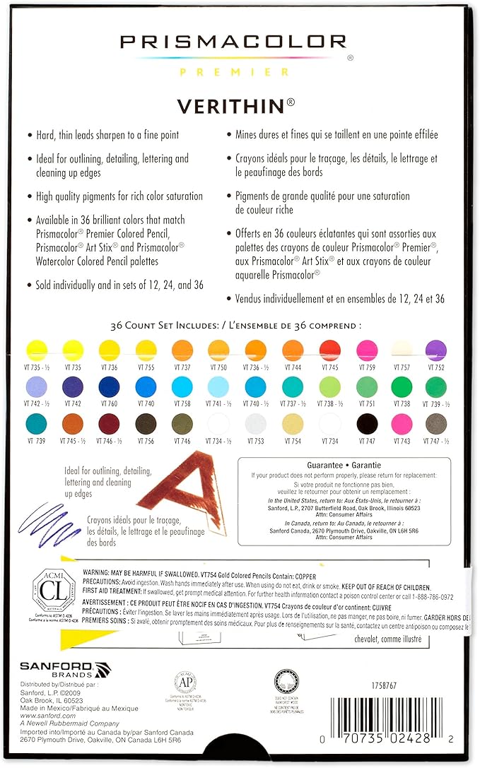 Prismacolor Premier Verithin Colored Pencils, Adult Coloring, 36 Pack