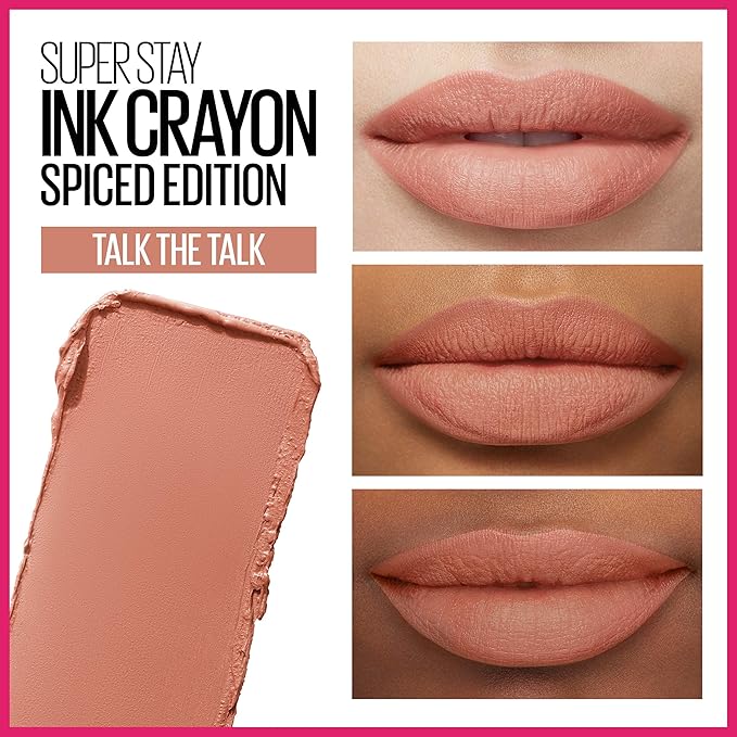 Maybelline Super Stay Ink Crayon Lipstick Makeup, Precision Tip Matte Lip Crayon with Built-in Sharpener, Longwear Up To 8Hrs, Talk The Talk, Sandy Nude, 1 Count