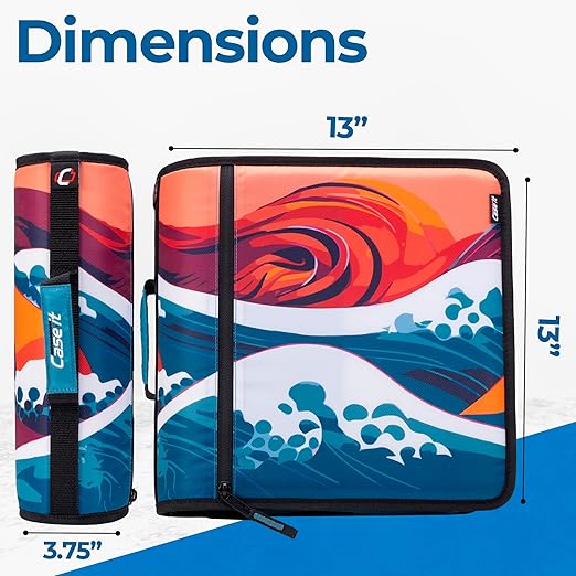 Case-it Mighty Zip Tab School Zipper Binder | 3-Inch O-Rings, 600-Sheet Capacity, 5-Subject Expanding File Folder, Multiple Pockets & Storage Organizer, Shoulder Strap | D-146 Wave