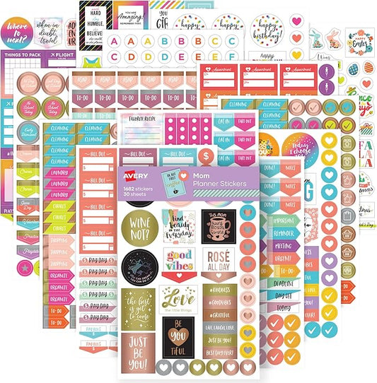 Avery Mom Planner Stickers Variety Pack, 30 Sheets, 1,682 Stickers for Your Planner, Journal or Calendar (6780)