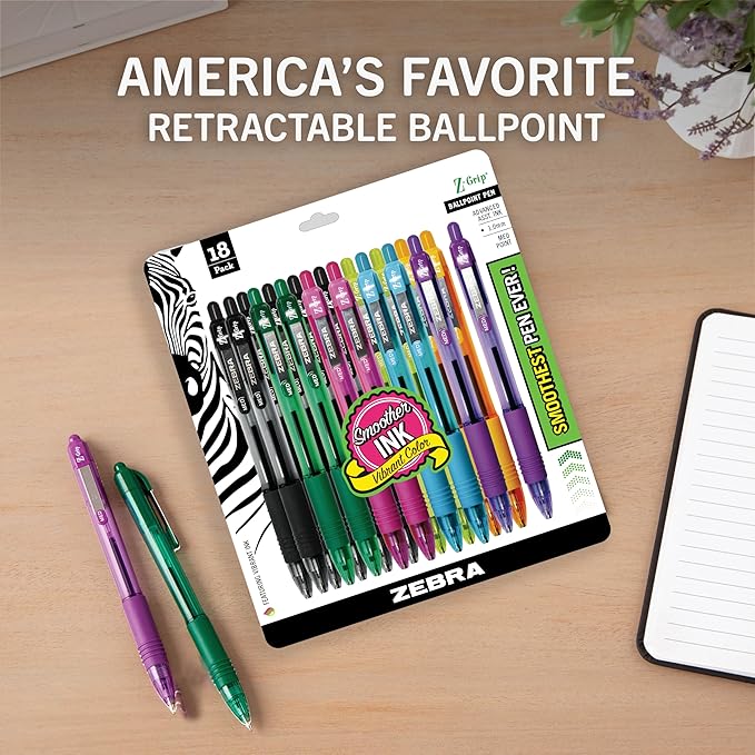Zebra Pen Z-Grip Retractable Ballpoint Pen, Smooth-Flowing Assorted Fashion Colors, 1.0mm Medium Point, School & Office Supplies, Ideal for Note-Taking, Journal and Planner Use, 18-Pack (22208)