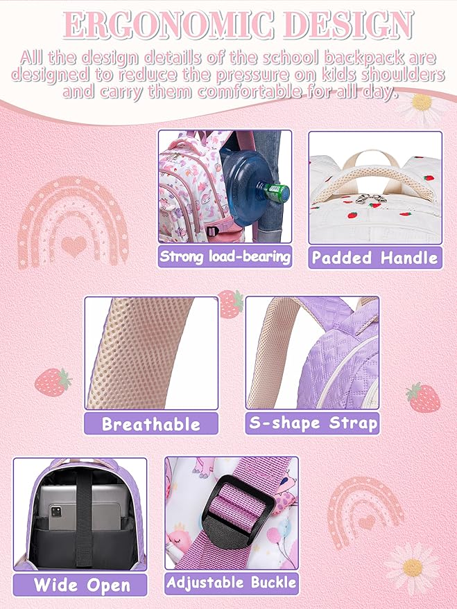 Beige Strawberry Backpack with Lunch Box for Girls Teens Kids for Age 6-8 8-10 10-12 Kawaii School Bag for Middle High School Primary Elementary Bookbag Mochila Para Niñas