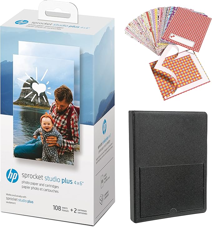 HP Sprocket Studio Plus 4 x 6” Photo Paper and Cartridges Starter Bundle: Includes 108 Sheets and 2 Cartridges, Sticker Frames, Photo Album - Compatible only Sprocket Studio Plus.