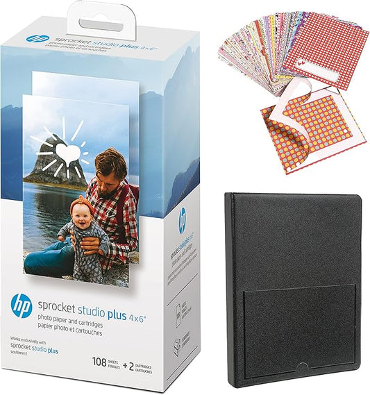 HP Sprocket Studio Plus 4 x 6” Photo Paper and Cartridges Starter Bundle: Includes 108 Sheets and 2 Cartridges, Sticker Frames, Photo Album - Compatible only Sprocket Studio Plus.