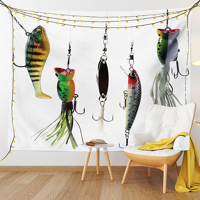 Ambesonne Fishing Tapestry, Various Type of Fishing Baits Hobby Leisure Passtime Sports Hooks Catch Elements, Wide Wall Hanging for Bedroom Living Room Dorm, 80" X 60", White Multicolor
