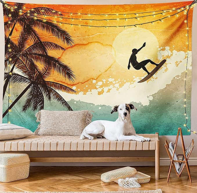 Ambesonne Grunge Tapestry King Size, Illustration of Tropical Island Surfer on Sea Waves and Palms at Sunset, Wall Hanging Bedspread Bed Cover Wall Decor, 104" X 88", Orange Turquoise Black