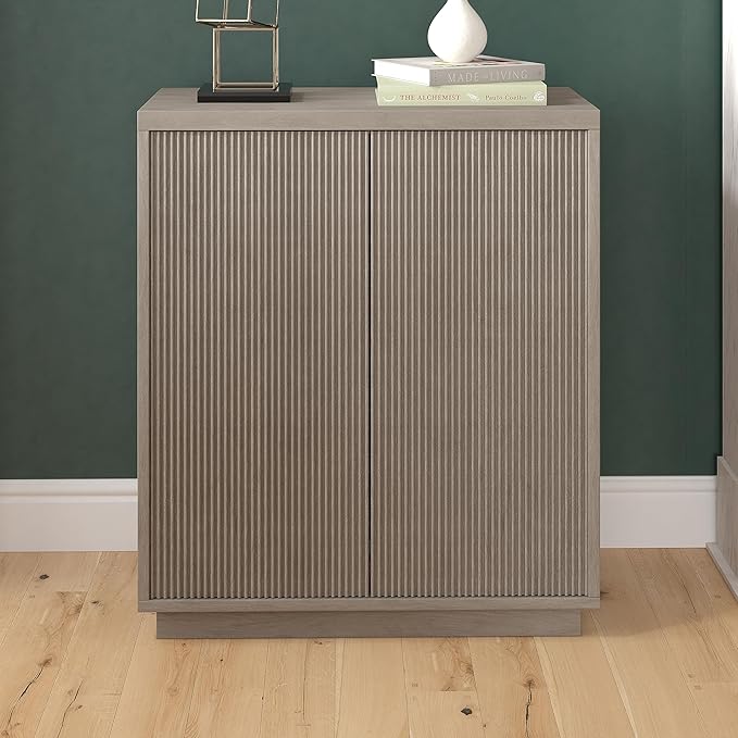 Henn&Hart 28" Fluted Wooden Accent Cabinet, Ribbed Modern Sideboard Buffet Cabinet with 2 Doors and an Adjustable Shelf for Living Room, Dining Room, Bedroom or Entryway, Antiqued Gray Oak