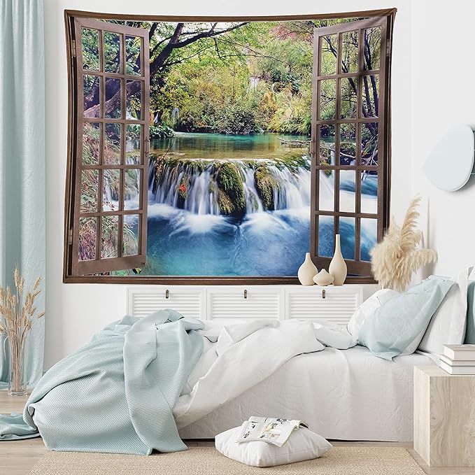 Ambesonne Waterfall Tapestry King Size, Wide Waterfall Deep down in the Forest Seen from a City Window Epic Surreal Print, Wall Hanging Bedspread Bed Cover Wall Decor, 104" X 88", Brown Black